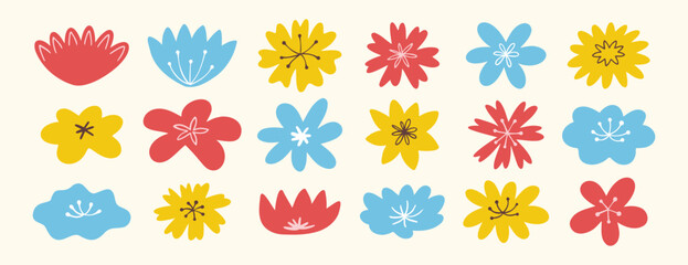 Naive hand drawn colorful flower elements in flat whimsical style for decoration and design