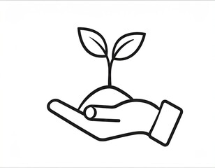 Black and White Line Drawing of Hand Holding Seedling on White Background Minimalist Concept of Growth and Nurturing Isolated Symbol Ideal for Eco Themes