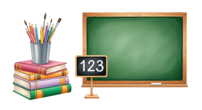 School supplies set with green chalkboard, stacked books, and pencils for education concept. isolated PNG with Transparent Background