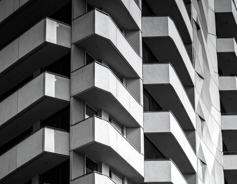 Black and White Image of Modern Residential Building Exterior with Geometric Balconies and Windows Under Natural Daylight