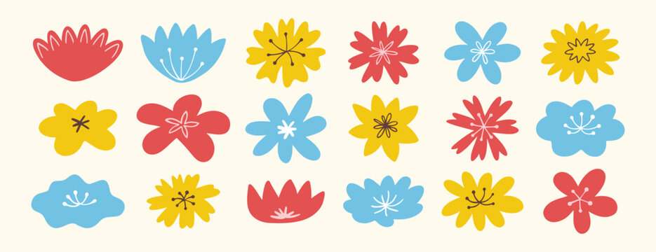 Naive hand drawn colorful flower elements in flat whimsical style for decoration and design