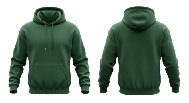 Front and back view blank dark green hooded sweatshirt apparel mockup template for clothing design isolated PNG with Transparent Background