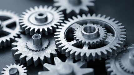 A High Resolution image of closeup of interlocking metal gears, symbolizing teamwork and industry.