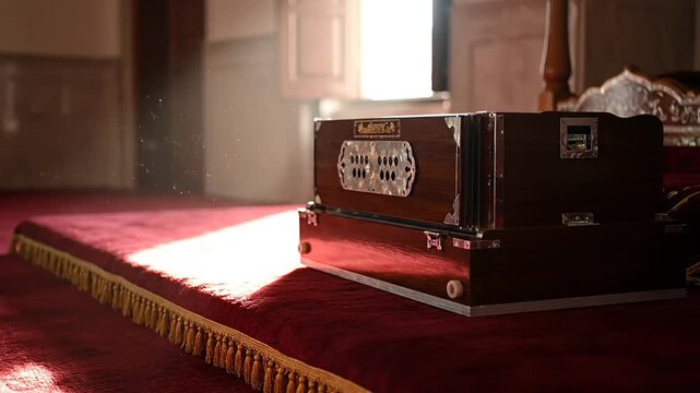 Harmonium instrument rests in peaceful golden temple during gurpurab celebration
