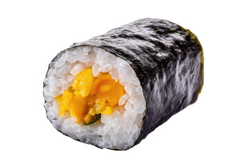Close-up of a sushi roll, filled with yellow, wrapped in seaweed