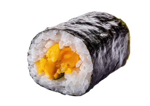 Close-up of a sushi roll, filled with yellow, wrapped in seaweed