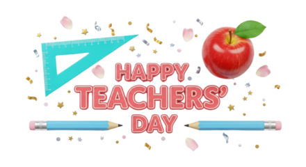 Celebrate Happy Teachers' Day with 3D text, apple, pencils, and ruler elements isolated PNG with Transparent Background