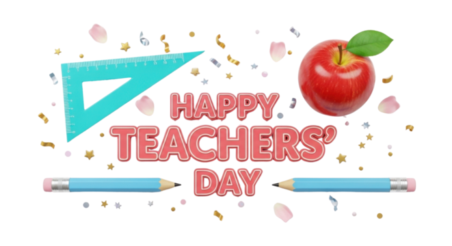 Celebrate Happy Teachers' Day with 3D text, apple, pencils, and ruler elements isolated PNG with Transparent Background - Powered by Adobe