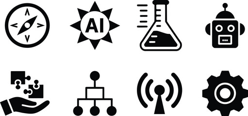 AI Compass Flask Robot Puzzle Network Wi-Fi Icons Featuring Futuristic Technology, Artificial Intelligence, Digital Innovation, and Connectivity Concepts
