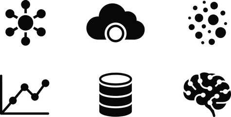 AI Technology Machine Learning Network Cloud Data Storage Analytics Brain Icons Featuring Digital Innovation, Futuristic Technology, and Smart Systems