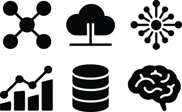 Machine Learning Data Cloud Network Brain Analytics Icons Featuring Artificial Intelligence, Digital Technology, and Futuristic Systems