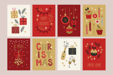 Christmas greeting cards with gifts, garlands, cupcake, mistletoe, champagne, stars, fir branches, snowflakes, balls in Red, Gold, Black and White. Perfect for holiday decoration. Vector illustration