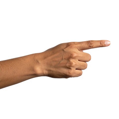 A human hand, arm extended, index finger pointing right, with a black background