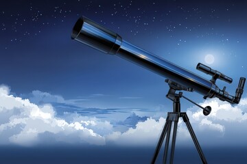 Captivating telescope aimed at the night sky amidst a serene backdrop of clouds illuminated by celestial bodies expressing the wonder of cosmic exploration captured with clarity