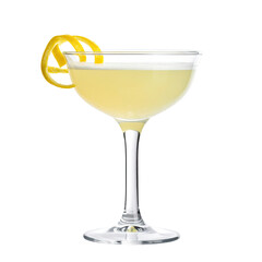 Elegant cocktail in a coupe glass, garnished with a lemon twist, set against black