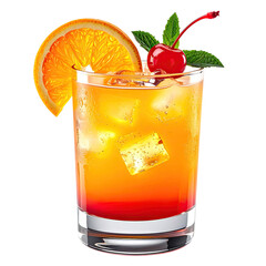 A vibrant, layered cocktail with orange slice, cherry, and mint garnish on a black background