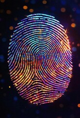 Colorful fingerprint design with vibrant sparkling elements on a dark background, symbolizing identity and security.