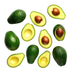 Group of whole and halved green fruits, showing flesh and seeds, isolated on black background