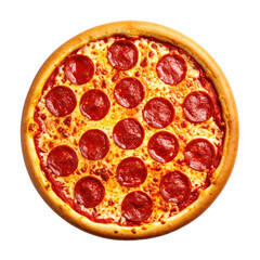 A round, golden-crusted pizza with evenly distributed pepperoni on melted cheese