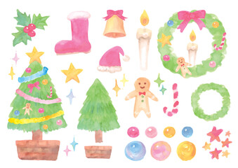 Watercolor Christmas Clipart Set (Tree, Wreath, Ornaments)