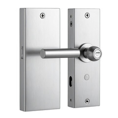 A metallic door handle with a cylindrical lever and knob, attached to rectangular plates
