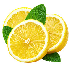 Vivid image of sliced yellow citrus fruit and fresh green mint leaves on a dark background