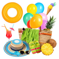 A vibrant collage of summer fun essentials inflatables, food, drinks, beach gear