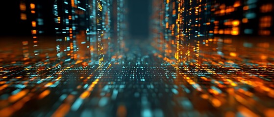 Abstract digital landscape showing orange and teal glowing data points in a blurred perspective