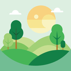 Fototapeta premium Sunny Green Hills Landscape with Trees and Blue Sky