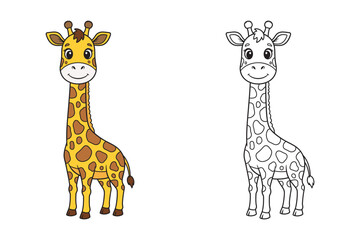Obraz premium Cute Cartoon Giraffe — Colored and Outline Vector Illustration for Kids.