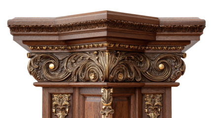 Ornate wood column detail; carved leaves, geometric patterns, rich tones