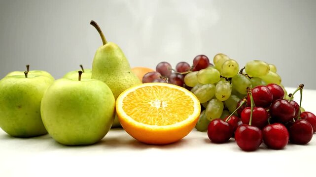 Arrangement of Fresh Fruits with Green Apples Orange Half Pear Red Cherries and Green Grapes Displayed on a White Table Against a Soft Gray Backdrop in Natural Lighting, Nutrition Theme and Healthy