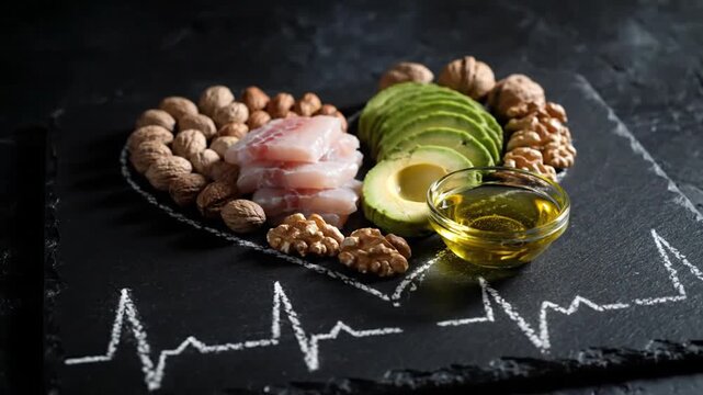 Arrangement of Heart Healthy Foods on Slate Plate with Electrocardiogram Design Featuring Avocado, Fish, Walnuts, Olive Oil, Peanuts on Dark Textured Surface
