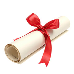 Rolled parchment tied with a red ribbon, isolated on black. Looks like a diploma or certificate