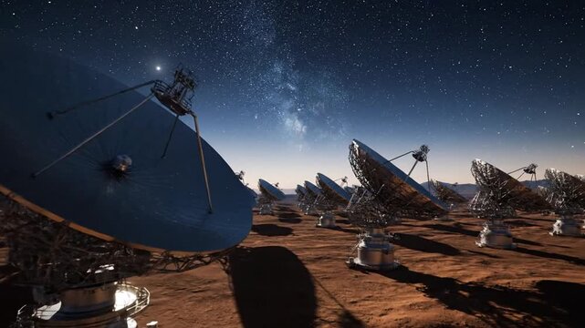 Array of Radio Telescopes Under Starry Night Sky on Brown Terrain in Desert Setting Astronomy Research and Data Collection Satellite Dishes Monitoring Space Technology Innovation