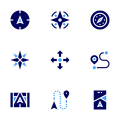 Navigation icon set. Bold style. Duotone colors. compass, navigation, directions, distance, navigator