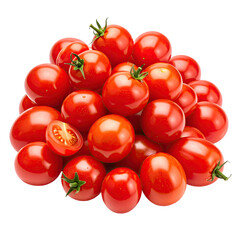 A pile of ripe, red cherry tomatoes, some with green stems, and one sliced