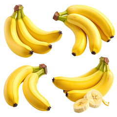 Four bunches of ripe, yellow fruit are shown, with one revealing sliced pieces