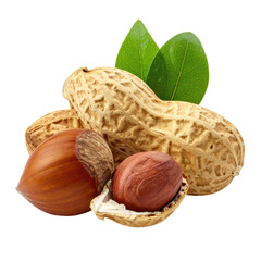 Close-up of shelled and unshelled peanuts and hazelnuts, some with green leaves