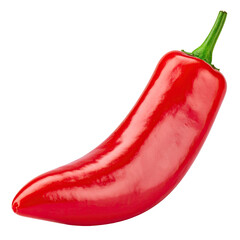A single, vibrant red chili pepper with a green stem isolated on a black background