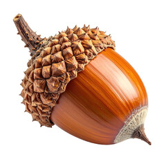 Close-up of a single, detailed acorn on a transparent background. Nut with textured cap