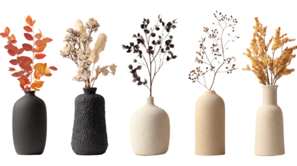 Five dried floral arrangements in vases isolated on transparent background
