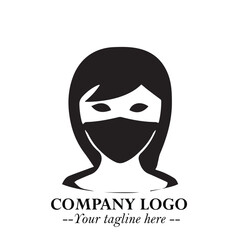 Elegant Woman Wearing Mask Logo Symbol in Black on White Background with Minimalist Modern Design