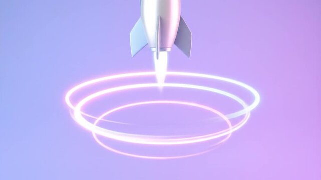 A shiny rocket ship with fins and an open window sails through bright glowing neon light rings