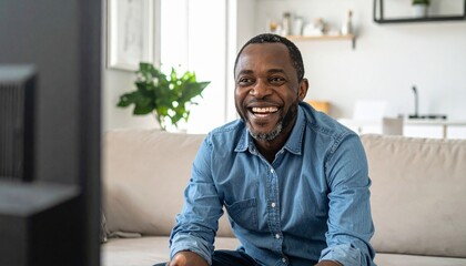 Smiling Man Relaxing on Couch in Bright, Cozy Living Room
