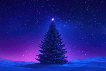 Beautiful spruce tree against magic snowy landscape with dark blue and purple night starry sky. Happy New Year and Merry Christmas. Winter holidays celebration background. Color of 2025