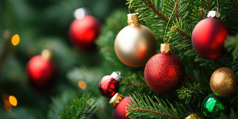 Merry Christmas Celebration Banner with Xmas Tree Decorative by Baubles, Closeup Shot.