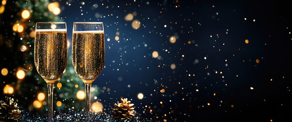Festive banner. Two glasses of champagne on dark blue background with Christmas tree with lights bokeh, glitter and sparks, confetti. Christmas celebration concept with copy space for text