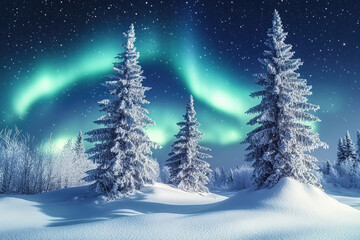Obraz premium Winter nature background with frozen fir trees covered snow and ice at starry night. Beautiful aurora borealis in north pole, northern lights. Magic Christmas night. Color of 2025 year