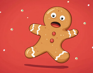 Obraz premium Cute Scared Cartoon Christmas Gingerbread Man Running on a Red Background